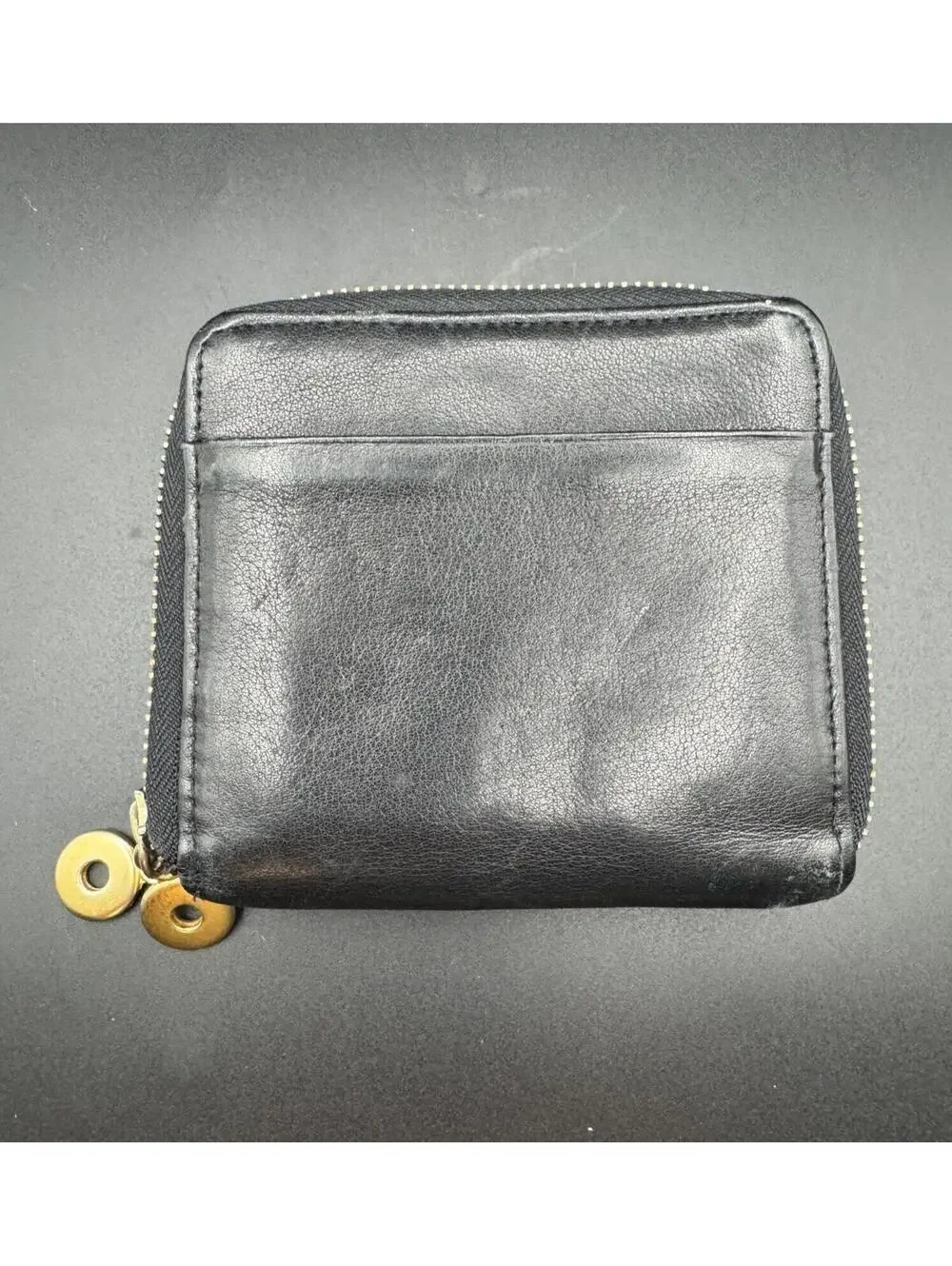 Black Leather Double Zip-Around Compact Wallet Gold Hardware